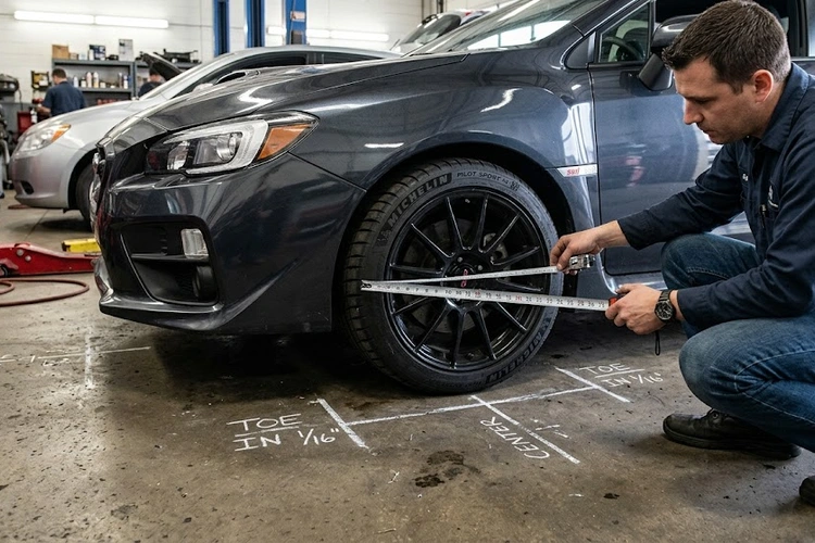 Checking wheel alignment at home using string method on a flat driveway