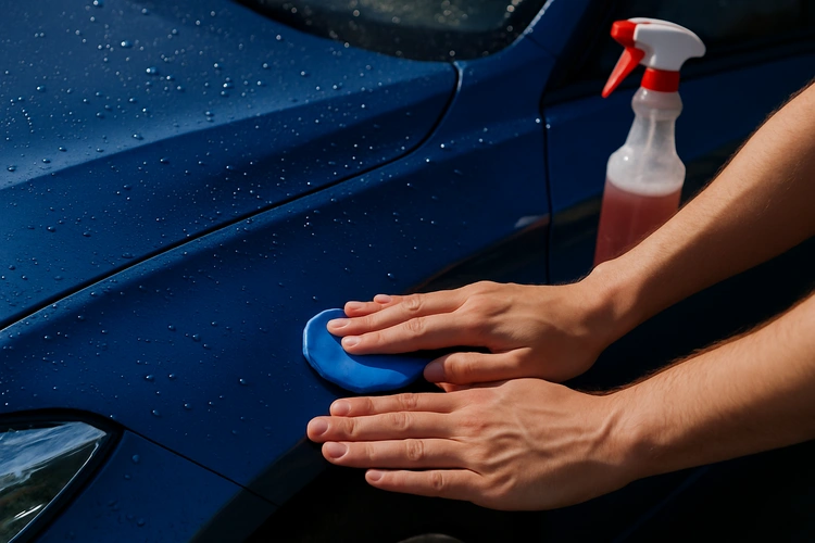 how to clay bar a car — detailer gliding clay bar across wet car paint panel