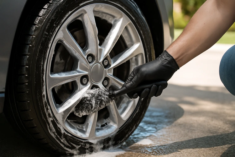 how to clean alloy wheels safely with a soft brush and wheel cleaner spray