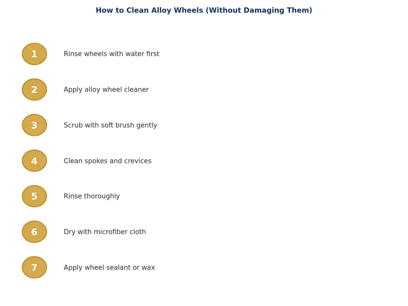 step-by-step process diagram for how to clean alloy wheels correctly