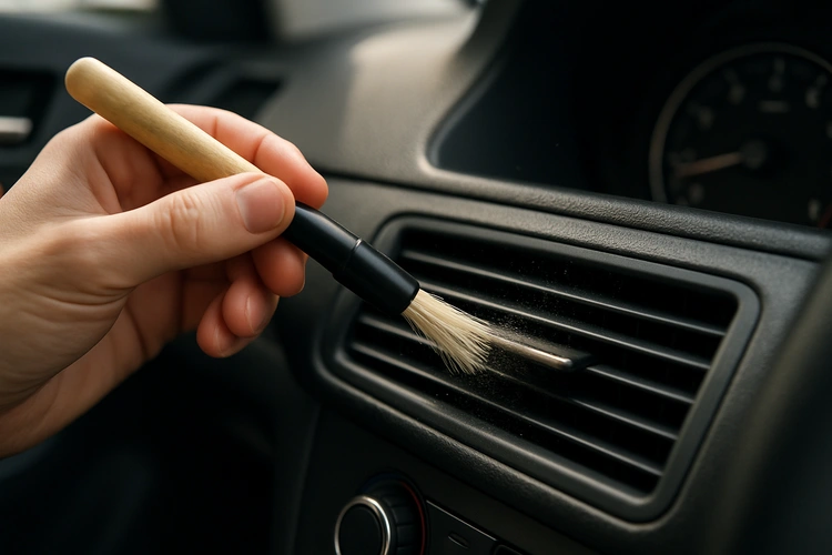 Cleaning car AC vents with a brush to remove dust and musty smell