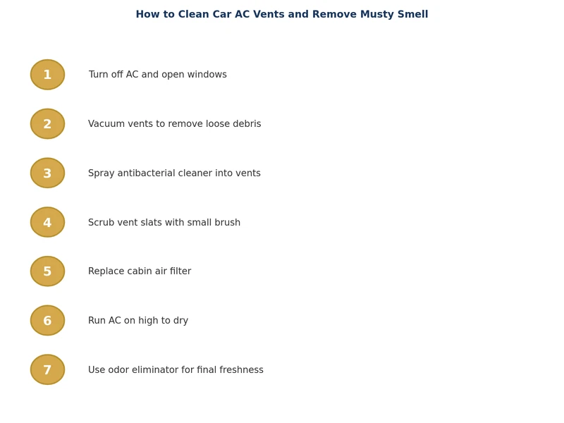 Step-by-step process diagram for cleaning car AC vents and removing musty smell