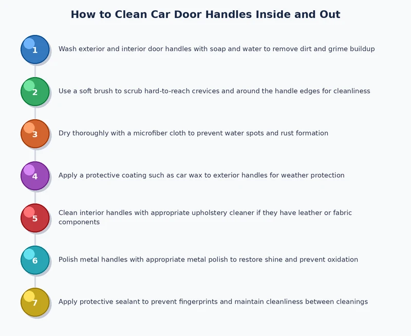 Step-by-step process diagram showing how to clean car door handles from pre-rinse through final buff
