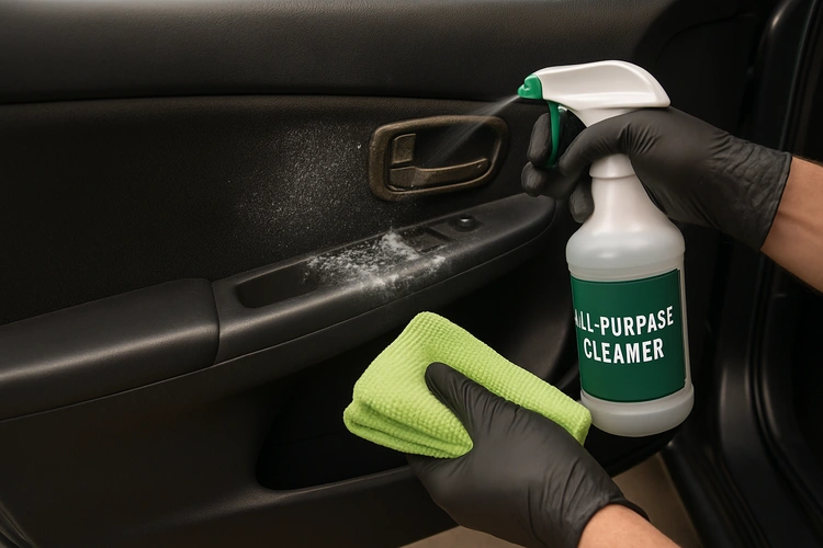 how to clean car door panels showing a person wiping a vinyl door panel with a microfiber cloth