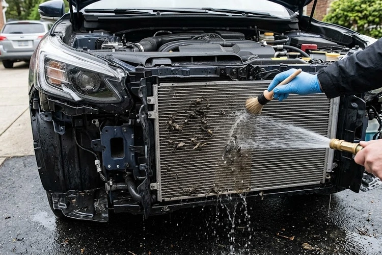 Close-up of car radiator fins clogged with debris showing why cleaning car radiator fins is essential