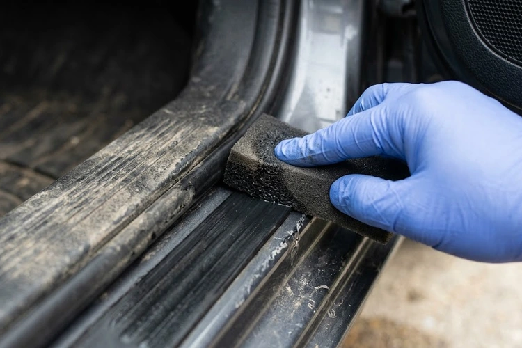 how to clean car door weatherstripping using a detailing brush and microfiber towel