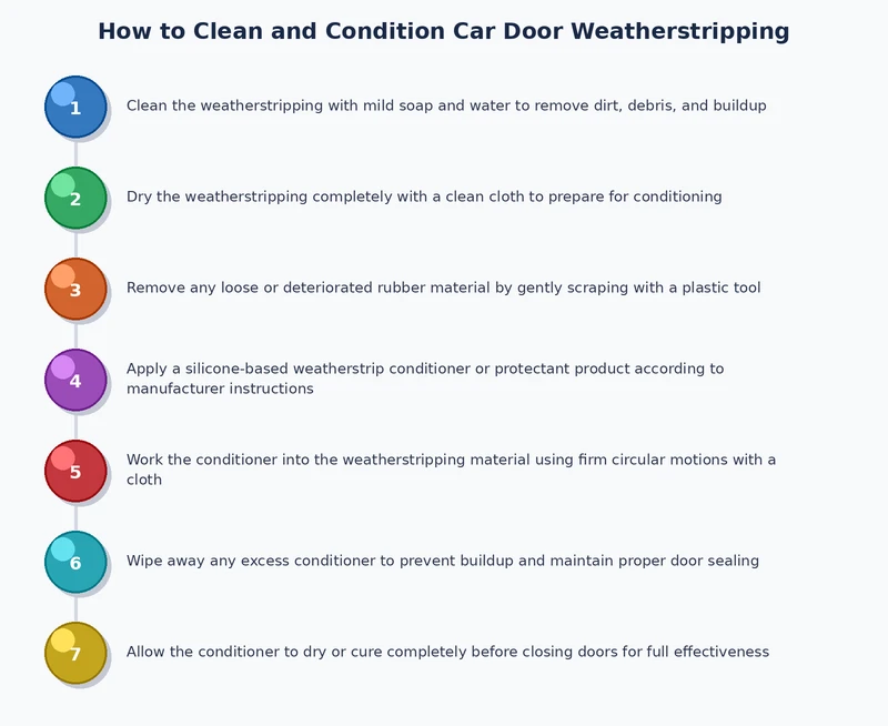 step-by-step process diagram for cleaning and conditioning car door weatherstripping correctly