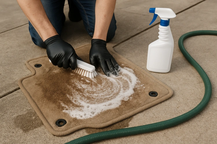 how to clean carpet car floor mats with brush and spray cleaner