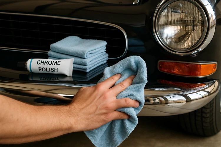 how to clean chrome bumpers using microfiber cloth and chrome polish on a classic car