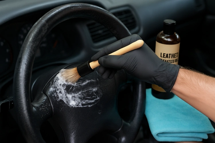 cleaning a leather steering wheel with a soft brush and leather cleaner