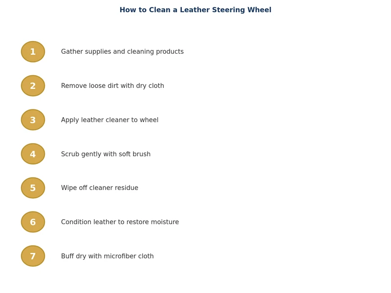 step-by-step process diagram for cleaning and conditioning a leather steering wheel