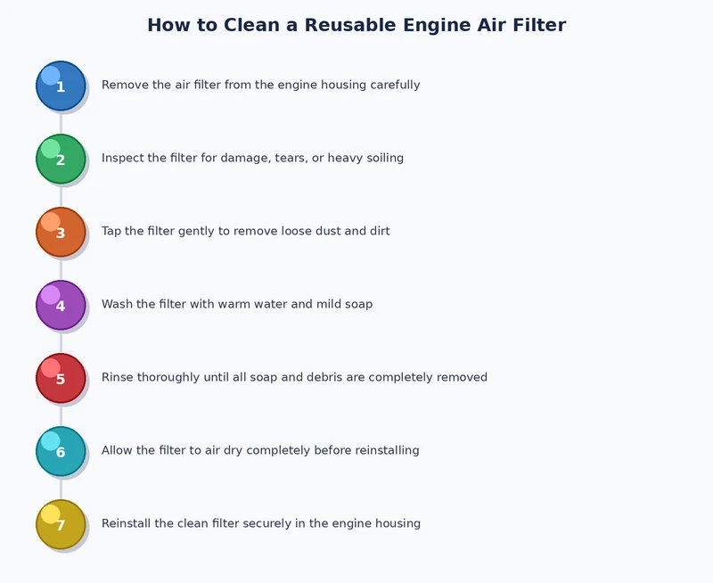 step-by-step process diagram for cleaning a reusable engine air filter