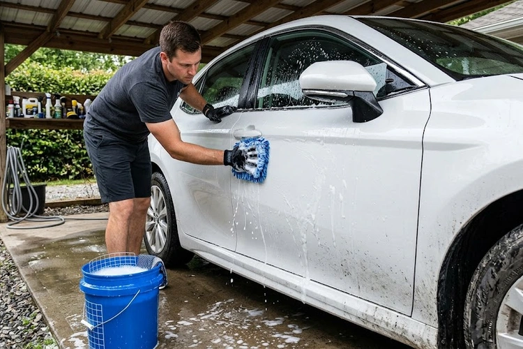 two-bucket wash method showing how to clean white car paint with microfiber mitt
