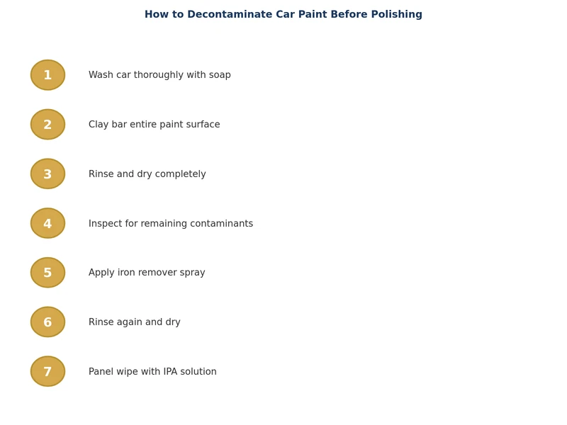 step-by-step car paint decontamination process diagram showing wash, iron removal, tar removal, and clay bar stages