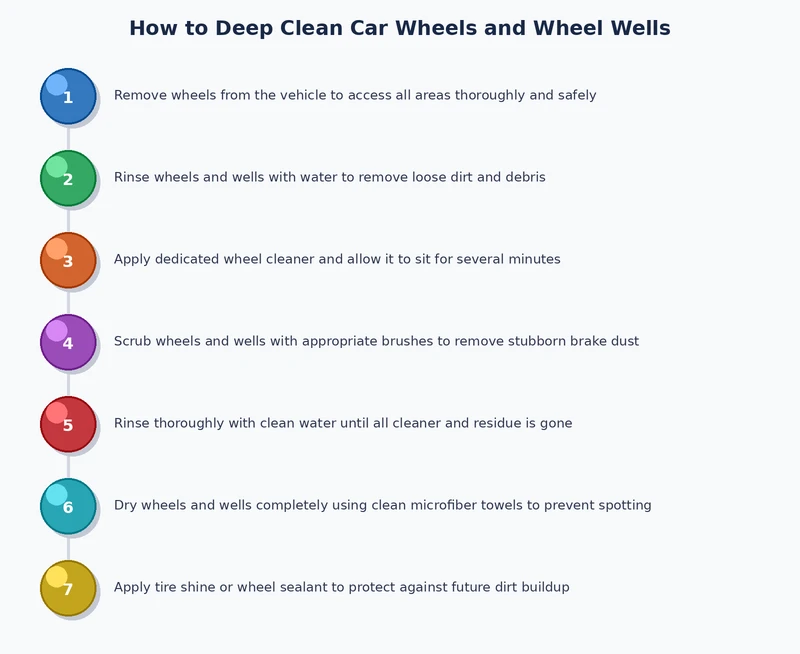 Step-by-step process diagram for deep cleaning car wheels and wheel wells in sequence