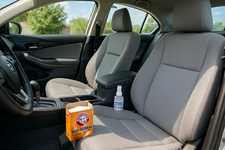 how to deodorize car interior - cleaning supplies laid out on car seat