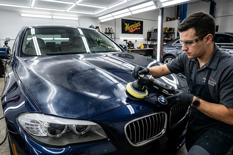 Professional detailing tools and products laid out for how to detail car exterior workflow