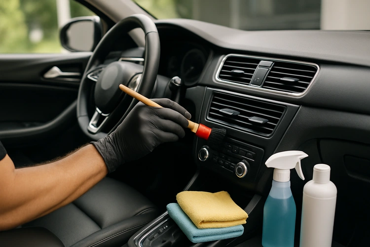 how to detail car interior with microfiber cloths and cleaning supplies