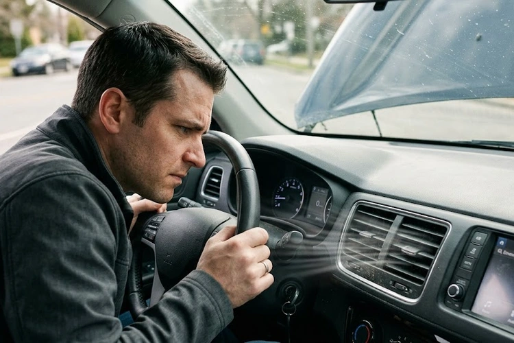 Mechanic performing a strange car smells diagnosis by inspecting under the hood