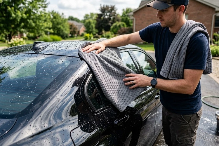 microfiber towel being used to dry a car without leaving water spots on paint