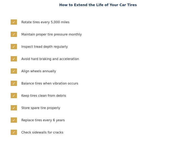 Tire maintenance checklist showing steps to make car tires last longer