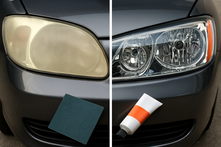 Foggy oxidized headlight before and after restoration showing how to fix foggy headlights