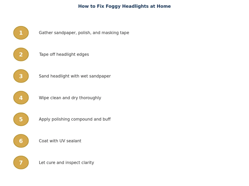 Step-by-step process diagram showing how to fix foggy headlights with sanding and polishing