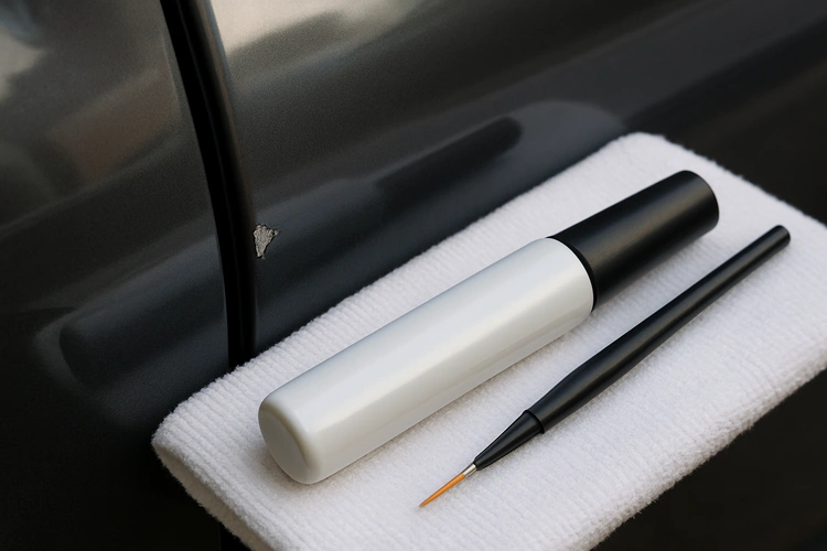close-up of paint chip on car hood showing bare metal, how to fix paint chips on car