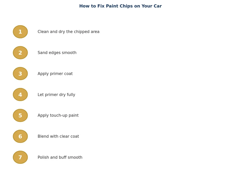step-by-step process diagram for how to fix paint chips on car showing clean, prime, paint, clear coat, and polish stages
