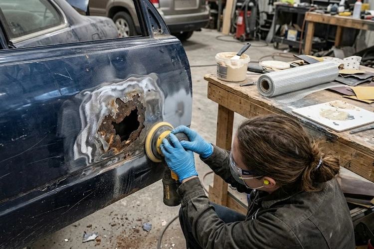 close-up of a mechanic repairing rust holes in a car body panel using fiberglass mesh and body filler