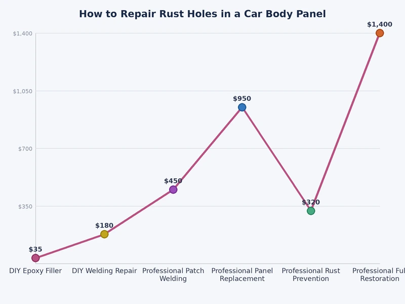 comparison chart of rust hole repair methods showing difficulty cost and durability for fiberglass mesh aluminum patch and welded steel