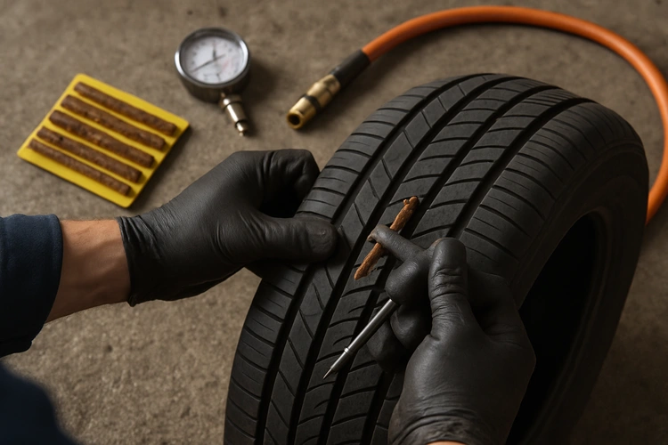 mechanic inspecting tire for slow tire leak with soapy water
