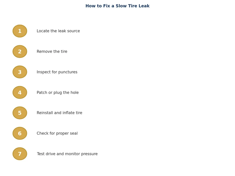 step by step process diagram for fixing a slow tire leak from detection to repair