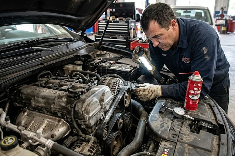 Mechanic inspecting a glazed squeaky serpentine belt on a car engine accessory drive