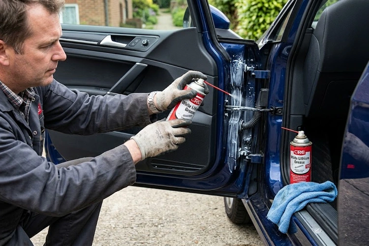 close-up of a car door hinge being lubricated to fix squeaky car door hinge noise