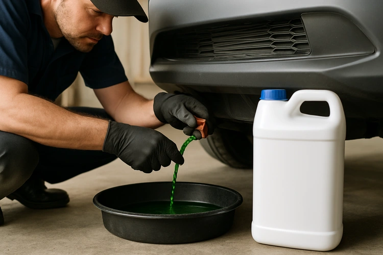 mechanic draining radiator coolant to flush car cooling system
