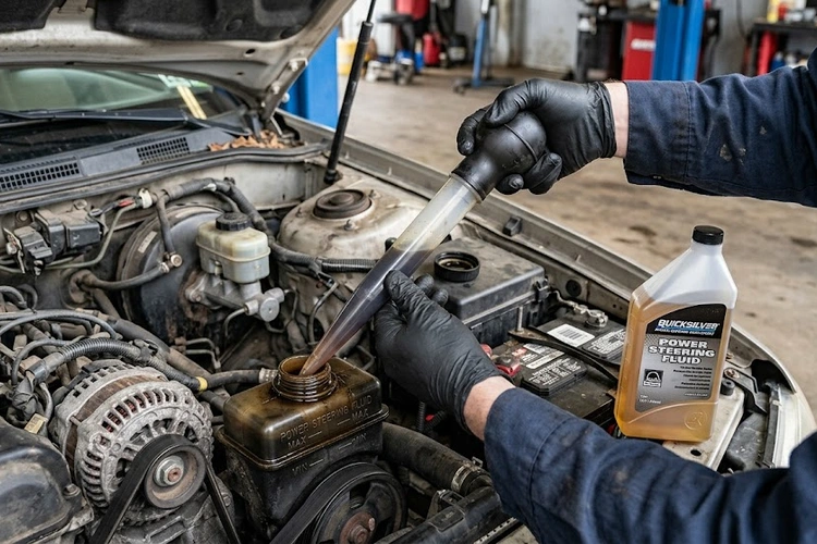 Mechanic draining dark contaminated power steering fluid from a reservoir during a flush procedure