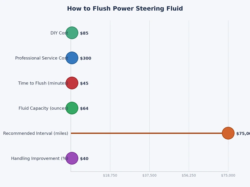 Bar chart comparing power steering fluid condition indicators and recommended flush intervals across system types