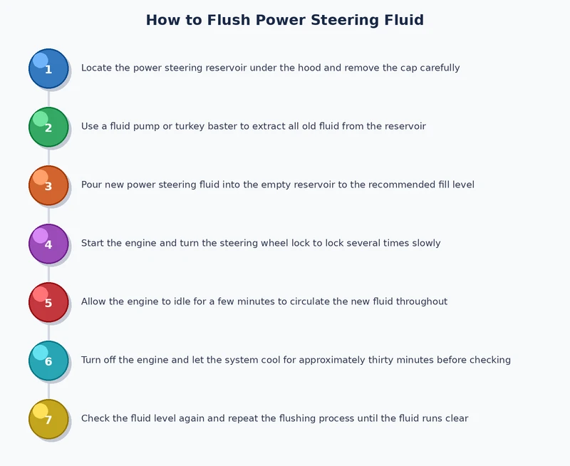 Diagram showing the return-line flush method with fluid flow direction through power steering pump, rack, and reservoir