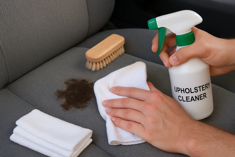 removing grease stain from car upholstery with cleaning cloth