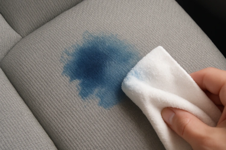 removing ink stain from car upholstery with rubbing alcohol and cloth