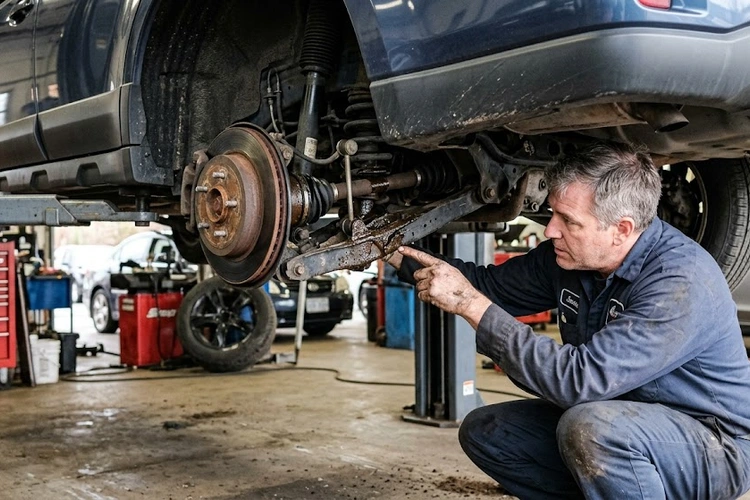 Mechanic inspecting a CV axle boot for cracks and grease leakage on a lifted vehicle