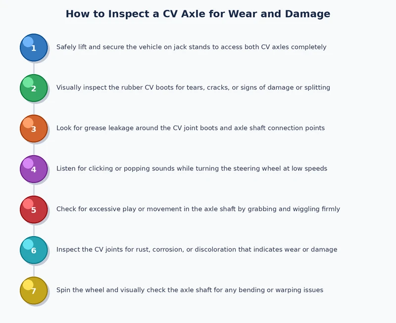 Three-phase CV axle inspection process diagram: visual boot check, movement test, road test protocol