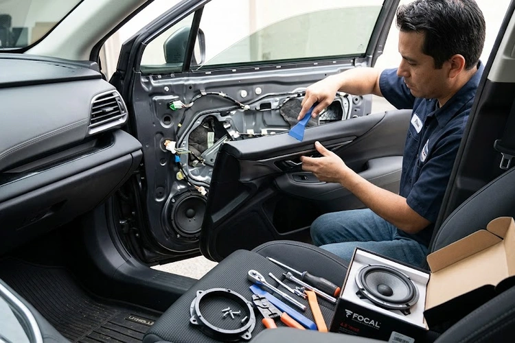 A person using a panel removal tool to carefully pry off a car door panel, with a new car speaker and basic tools laid out on the seat nearby. The interior of the car door is partially visible.