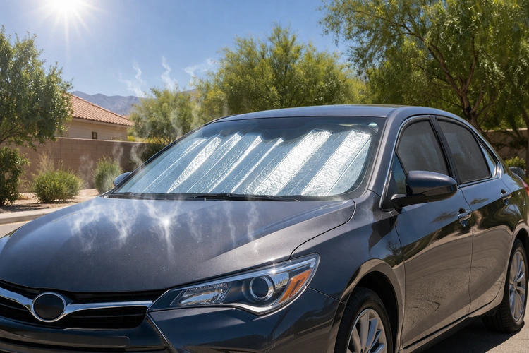 A car parked in direct sunlight with a silver reflective sunshade filling the windshield and mesh sun shades on the side windows. Heat waves are subtly visible above the hood on a bright summer day.