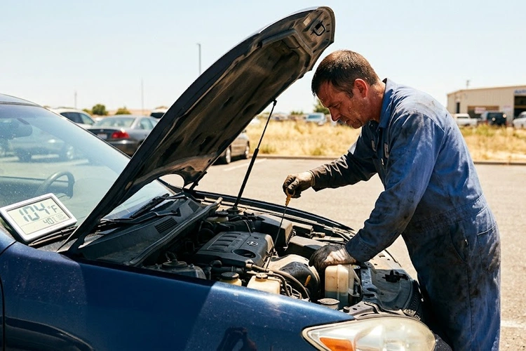 mechanic performing car maintenance tips hot weather engine bay inspection on a summer day