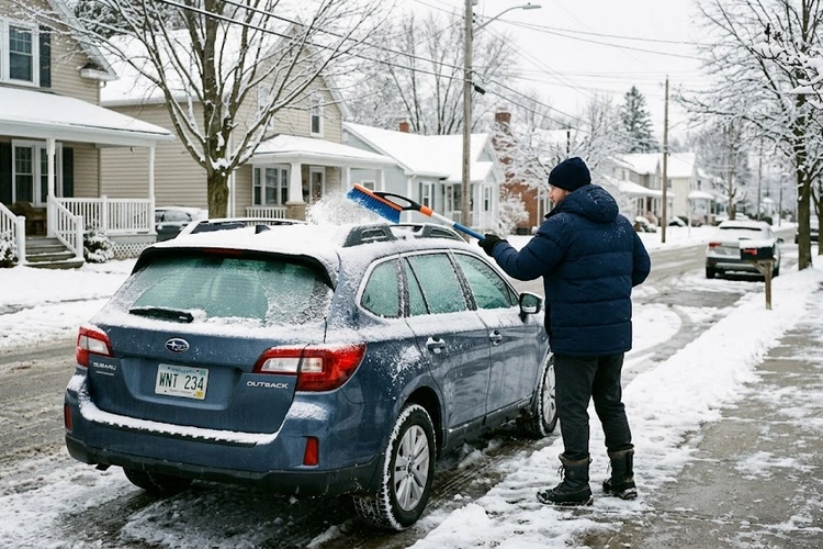 Mechanic inspecting car engine and battery during winter maintenance check