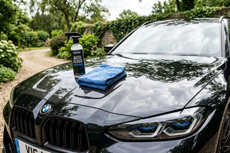 Close-up of a deeply glossy car paint surface with sharp reflections, showing results of proper between-wash maintenance to maintain car paint gloss