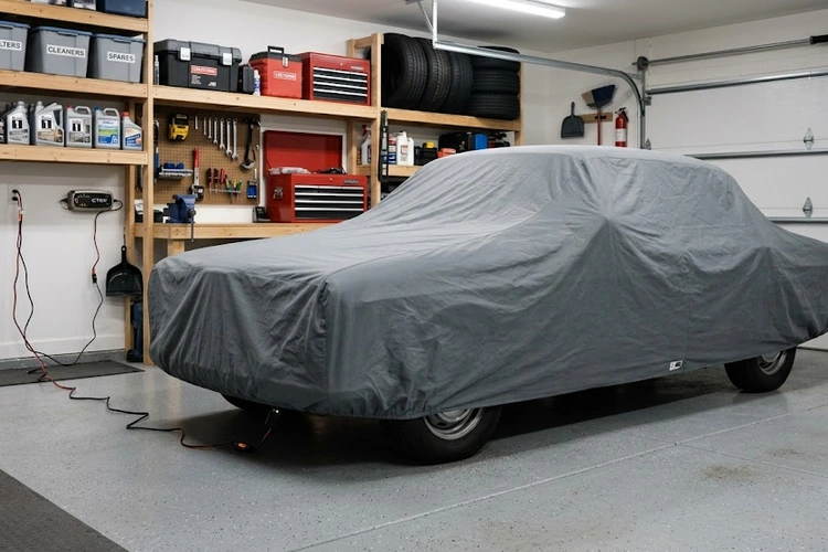 Car properly covered and maintained in a garage during long-term storage