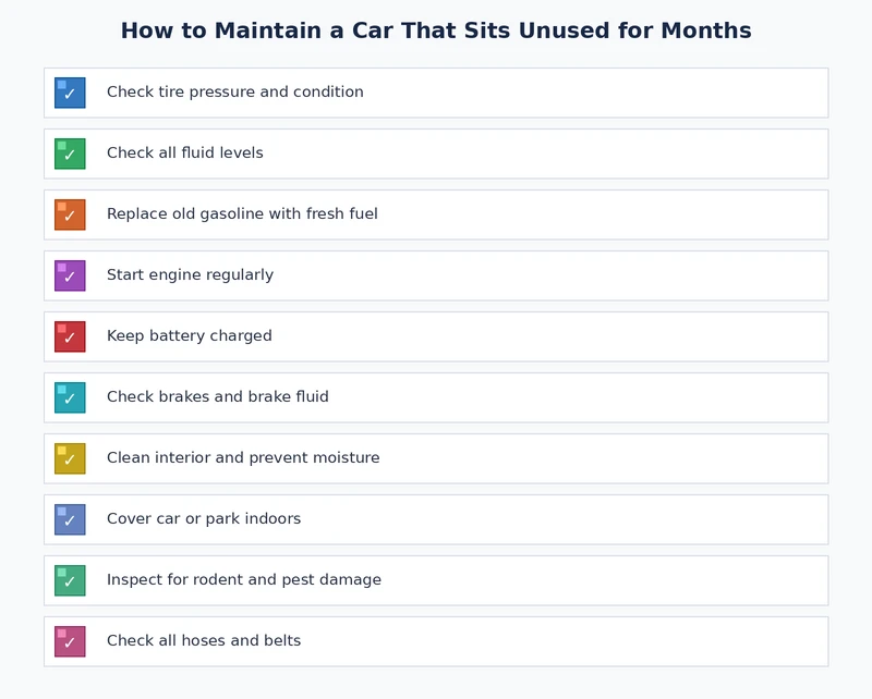 Long-term car storage maintenance checklist covering battery, tires, fuel, fluids, and rodent protection steps